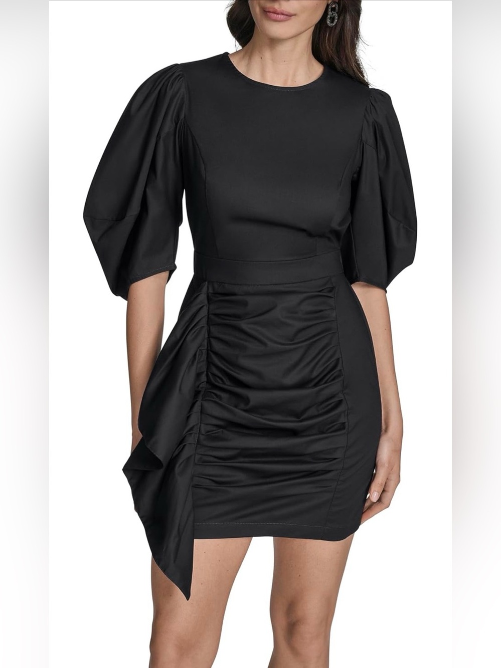 BCBG Women's 3/4 Puff Sleeve Jewel Neck Ruched Sheath Mini Dress